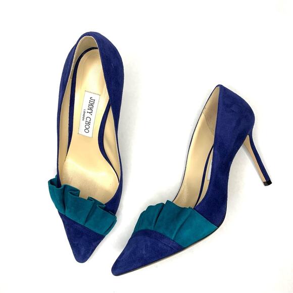Jimmy Choo Leena 85 pop blue and teal suede pointy pumps women’s size 39.5 - Picture 1 of 11